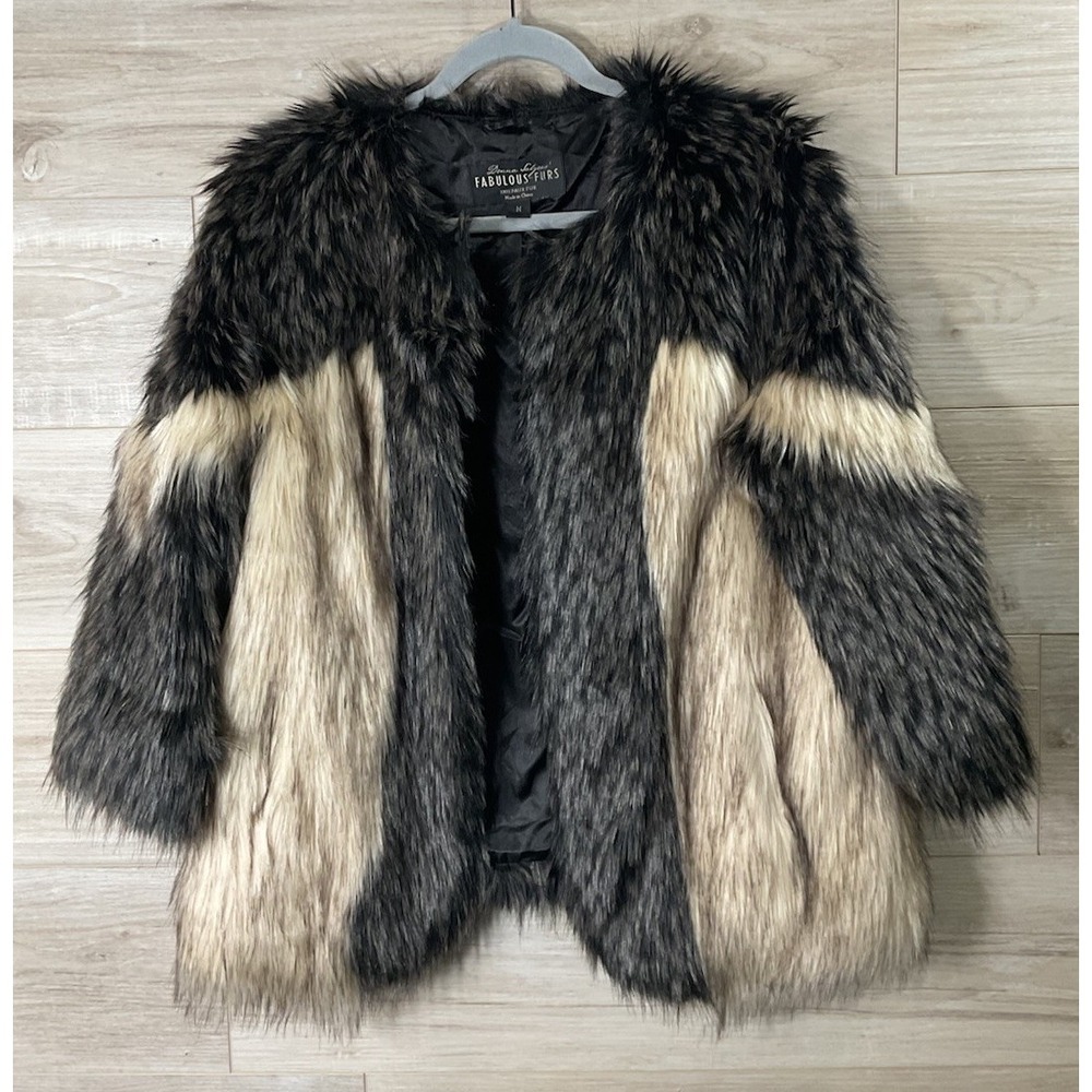 Donna Salyers Fabulous Furs Coat Womens M Brown Multi Faux Fur Open Front